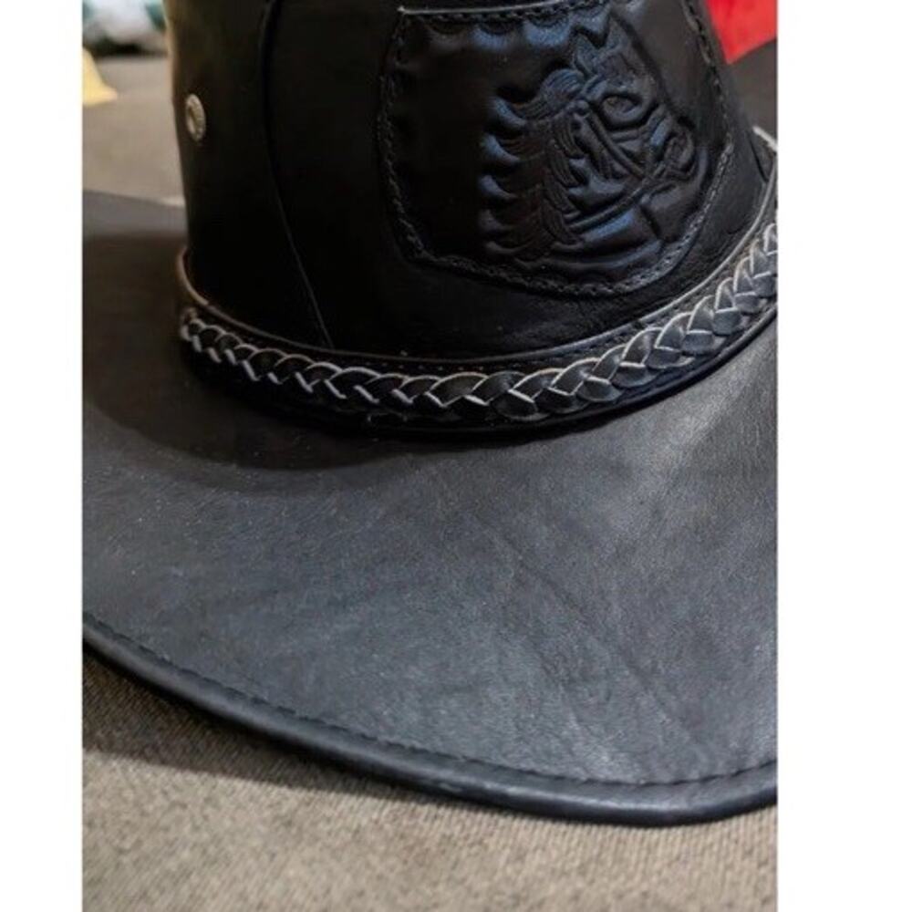 Genuine Leather Outback Cowboy Hat Black Western Biker Rancher Aussie Boho Vtg - Picture 4 of 6